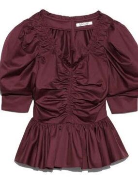 SNIDEL Burgundy Ruched Peplum Women's Top PUFF SLEEVES, ONE SIZE